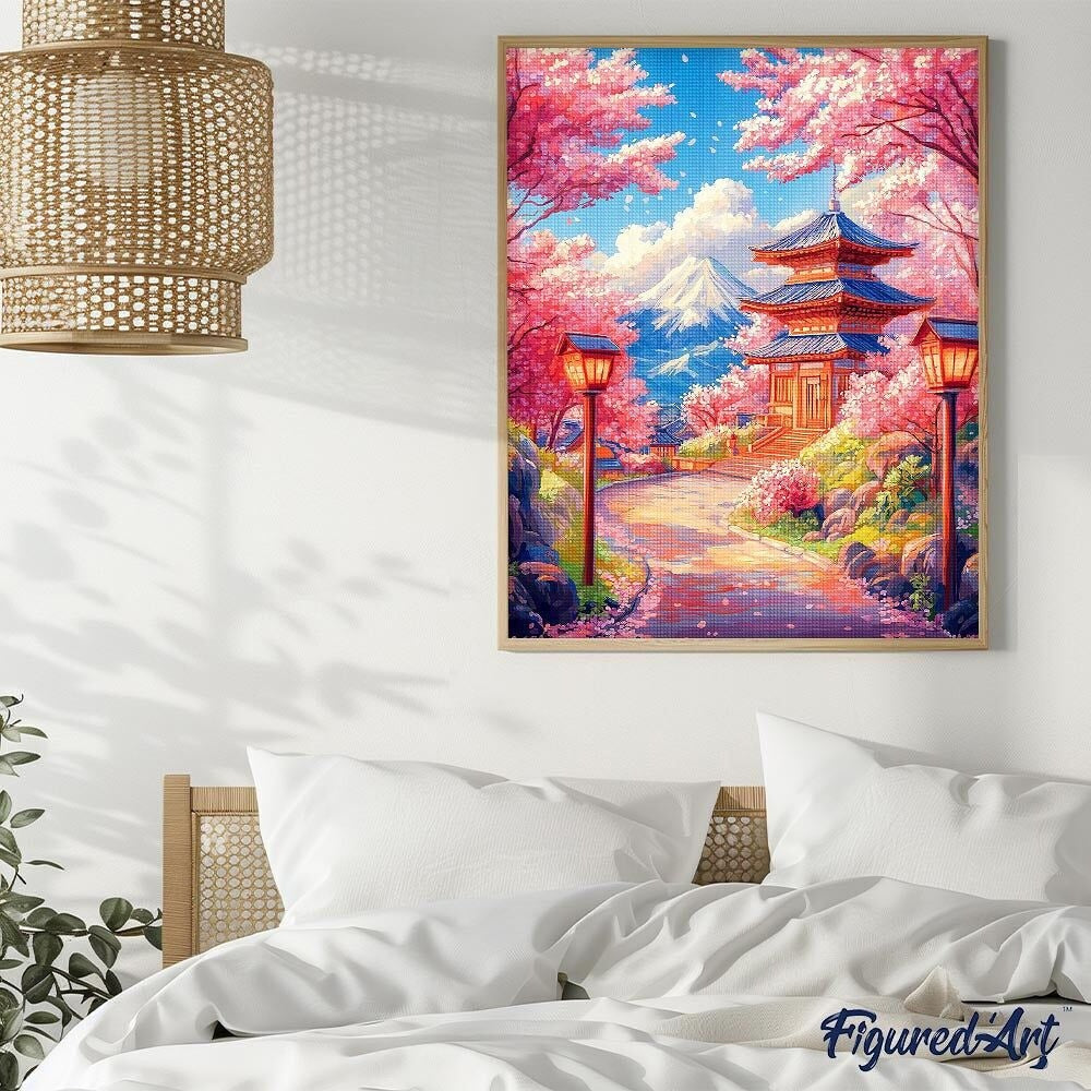 Broderie Diamant 40x50cm – Route des Cerisiers en Fleurs vers la Pagode | Kit Diamond Painting complet sur châssis Figured'art