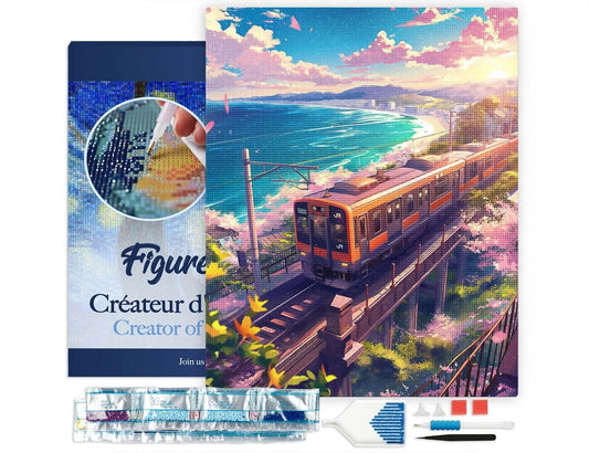 Broderie Diamant 5D – Chemin de Fer des Cerisiers en Fleurs au Bord de l’Océan – Toile 40x50cm avec Châssis Bois