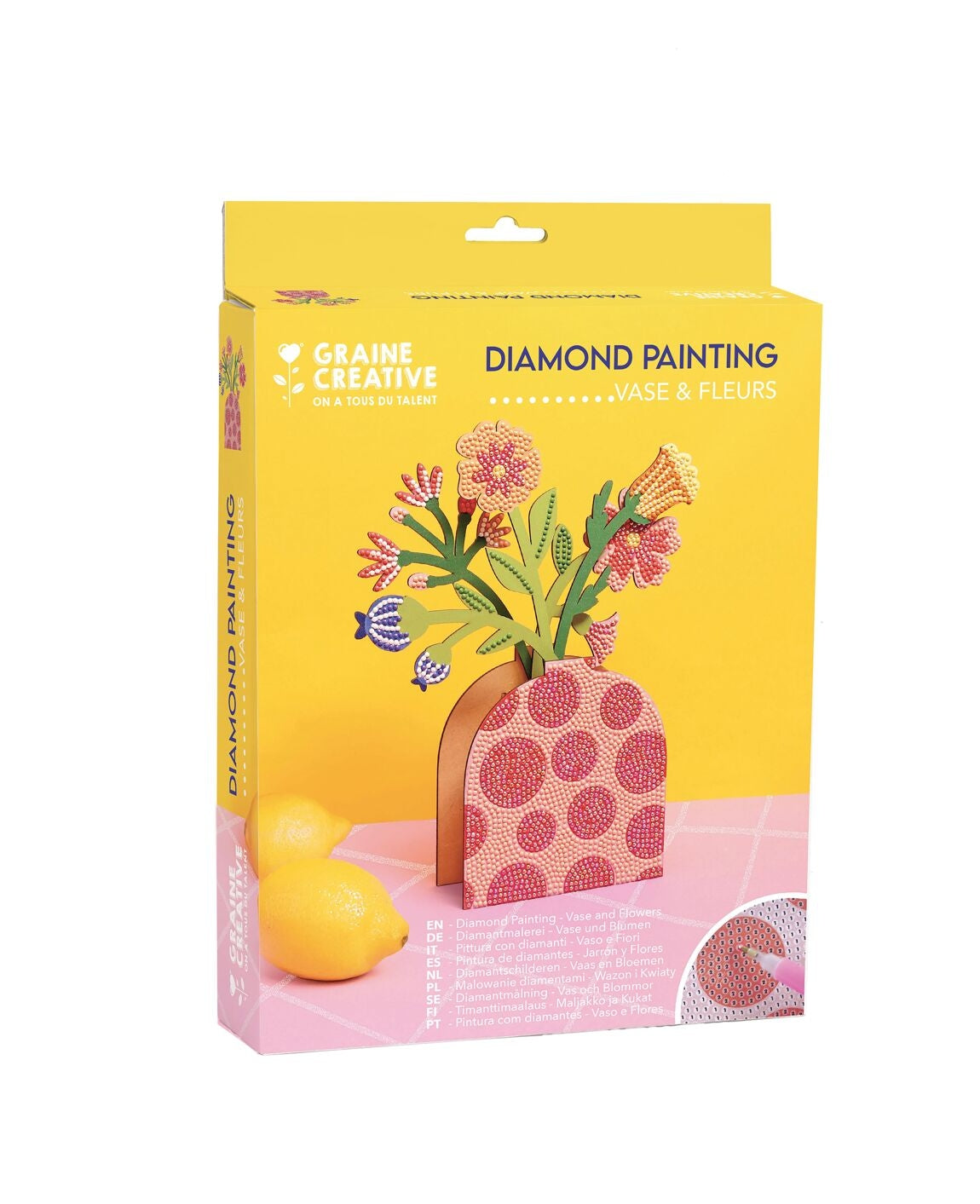 Coffret Vase et Fleurs à Strasser Rouge – Graine Créative. Packaging coloré et moderne, parfait comme idée cadeau.