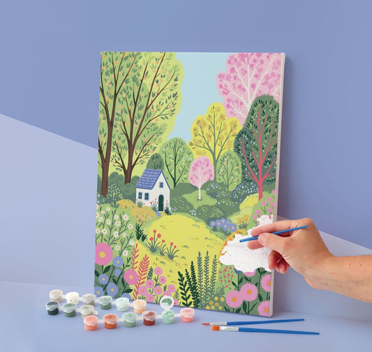 Toile “Havre de Paix” 30x40 cm avec motif jardin pré-dessiné et numéroté, facile à peindre.