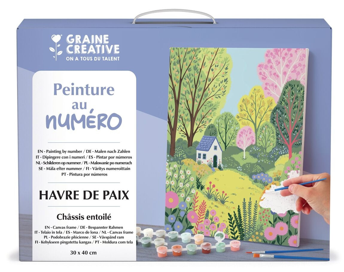 Kit Peinture au Numéro 30x40 – Havre de Paix . Coffret complet avec toile pré-dessinée, peintures et pinceaux.