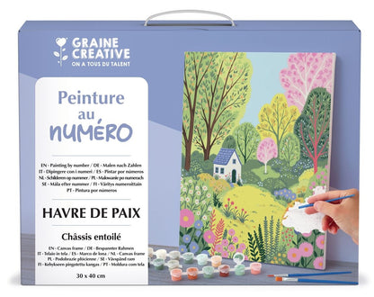 Kit Peinture au Numéro 30x40 – Havre de Paix . Coffret complet avec toile pré-dessinée, peintures et pinceaux.