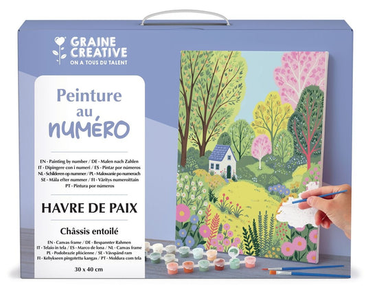 Kit Peinture au Numéro 30x40 – Havre de Paix . Coffret complet avec toile pré-dessinée, peintures et pinceaux.