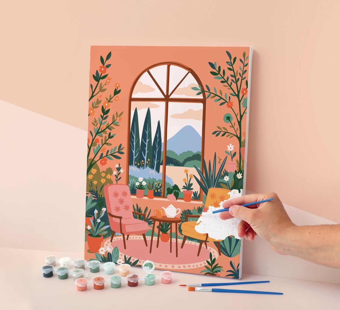 Toile “Jardin d’Hiver” 30x40 cm avec motif floral et végétal pré-dessiné et numéroté.
