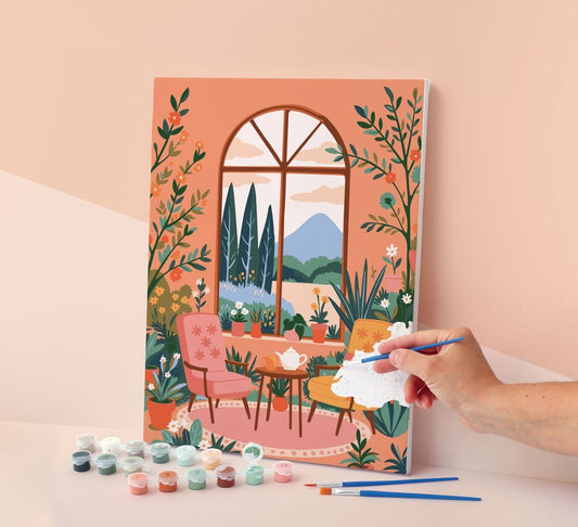 Toile “Jardin d’Hiver” 30x40 cm avec motif floral et végétal pré-dessiné et numéroté.
