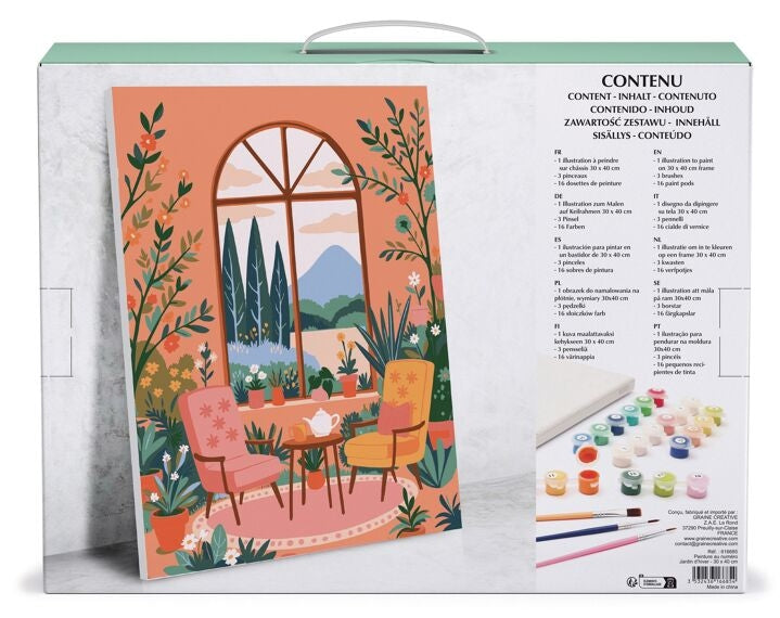 16 pots de peinture acrylique numérotés pour donner vie au tableau Jardin d’Hiver.