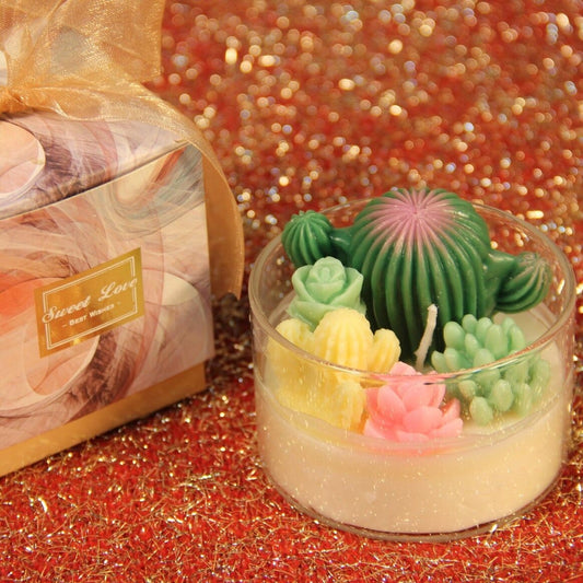 Bougie Cactus “Jardin Secret” . Terrarium en cire parfumé Après la Pluie, avec mini-cactus décoratifs.