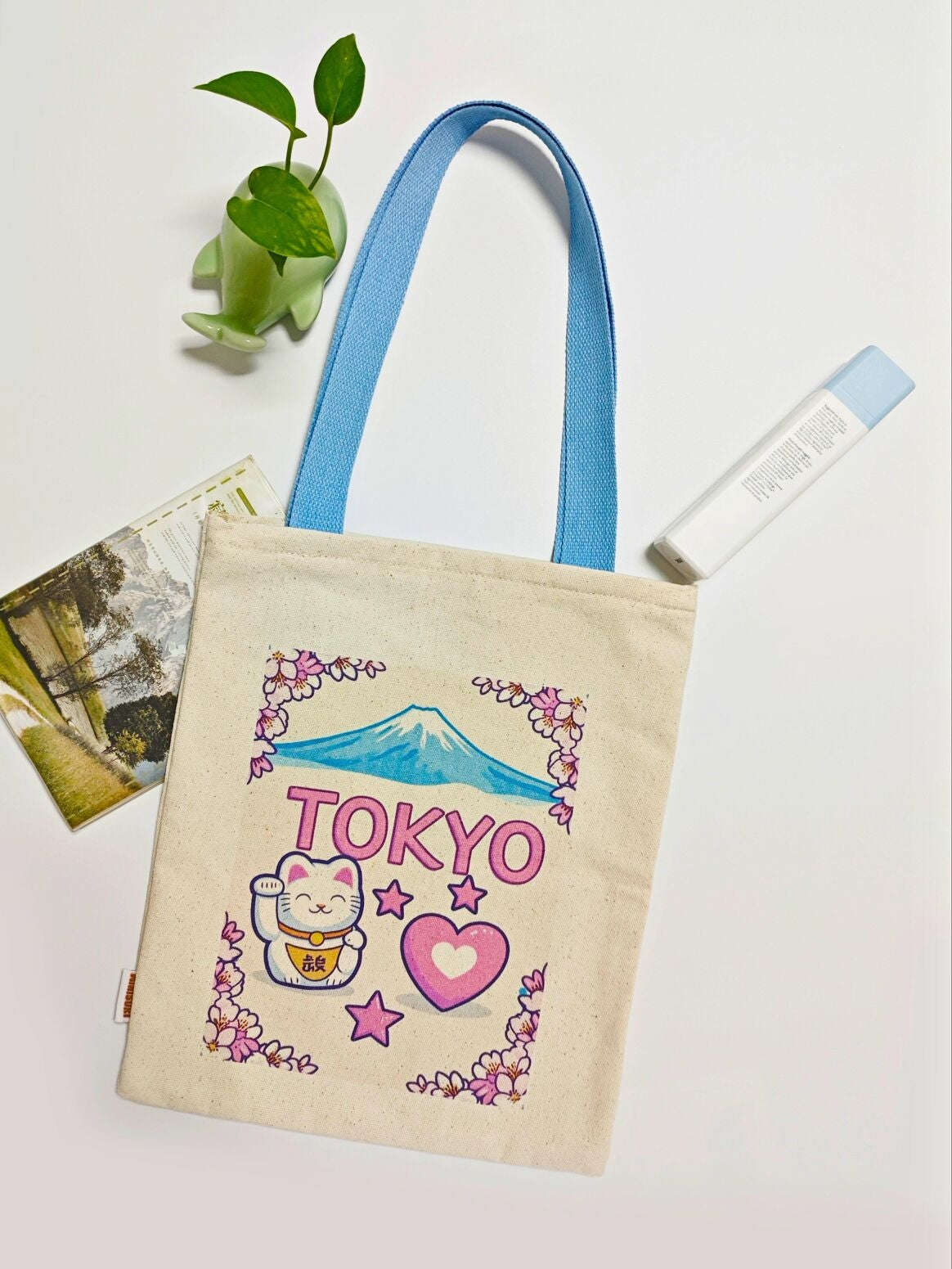 Sac Tote Bag Tokyo Japon Kawaï – Mont Fuji & Maneki Neko – Sac en tissu coton avec fermeture éclair MINISUKI