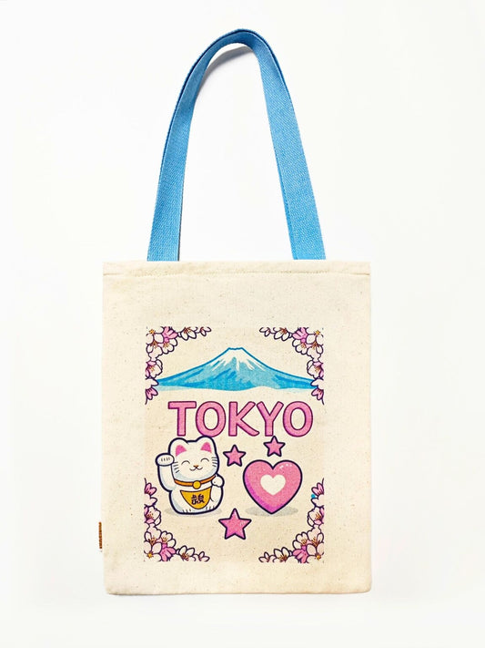 Sac Tote Bag Tokyo Japon Kawaï – Mont Fuji & Maneki Neko – Sac en tissu coton avec fermeture éclair MINISUKI