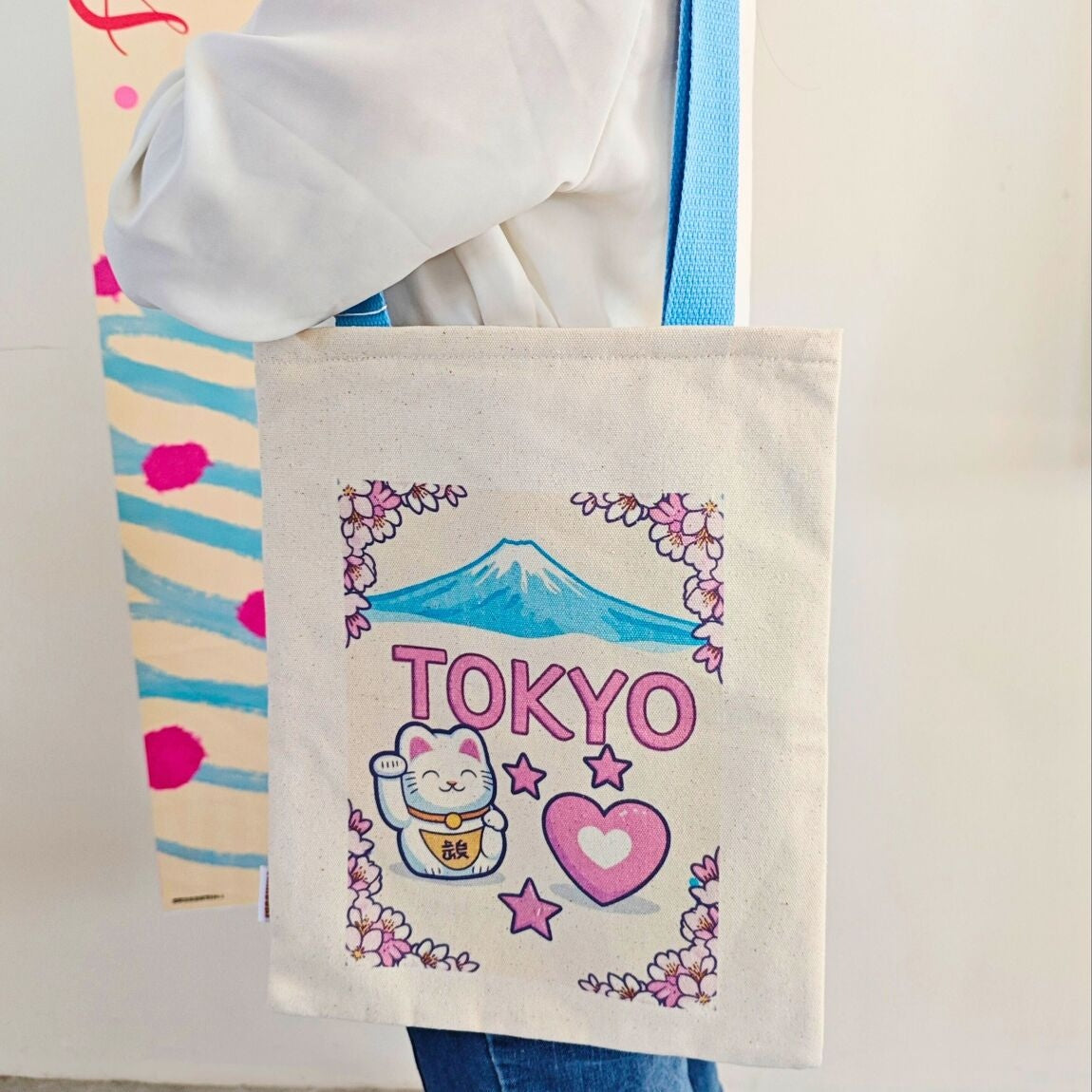 Sac Tote Bag Tokyo Japon Kawaï – Mont Fuji & Maneki Neko – Sac en tissu coton avec fermeture éclair MINISUKI