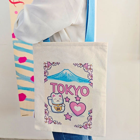 Sac Tote Bag Tokyo Japon Kawaï – Mont Fuji & Maneki Neko – Sac en tissu coton avec fermeture éclair MINISUKI