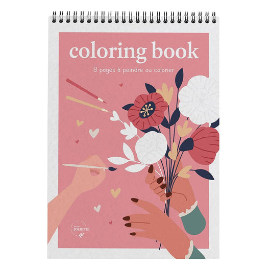 Carnet de coloriage A4 Maison Joliette utilisé avec peinture aquarelle. Motif floral en cours de création.