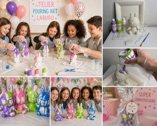 Kit Anniversaire Pouring Art Labubu 17 cm – Figurine tendance à personnaliser + 3 peintures JOY!