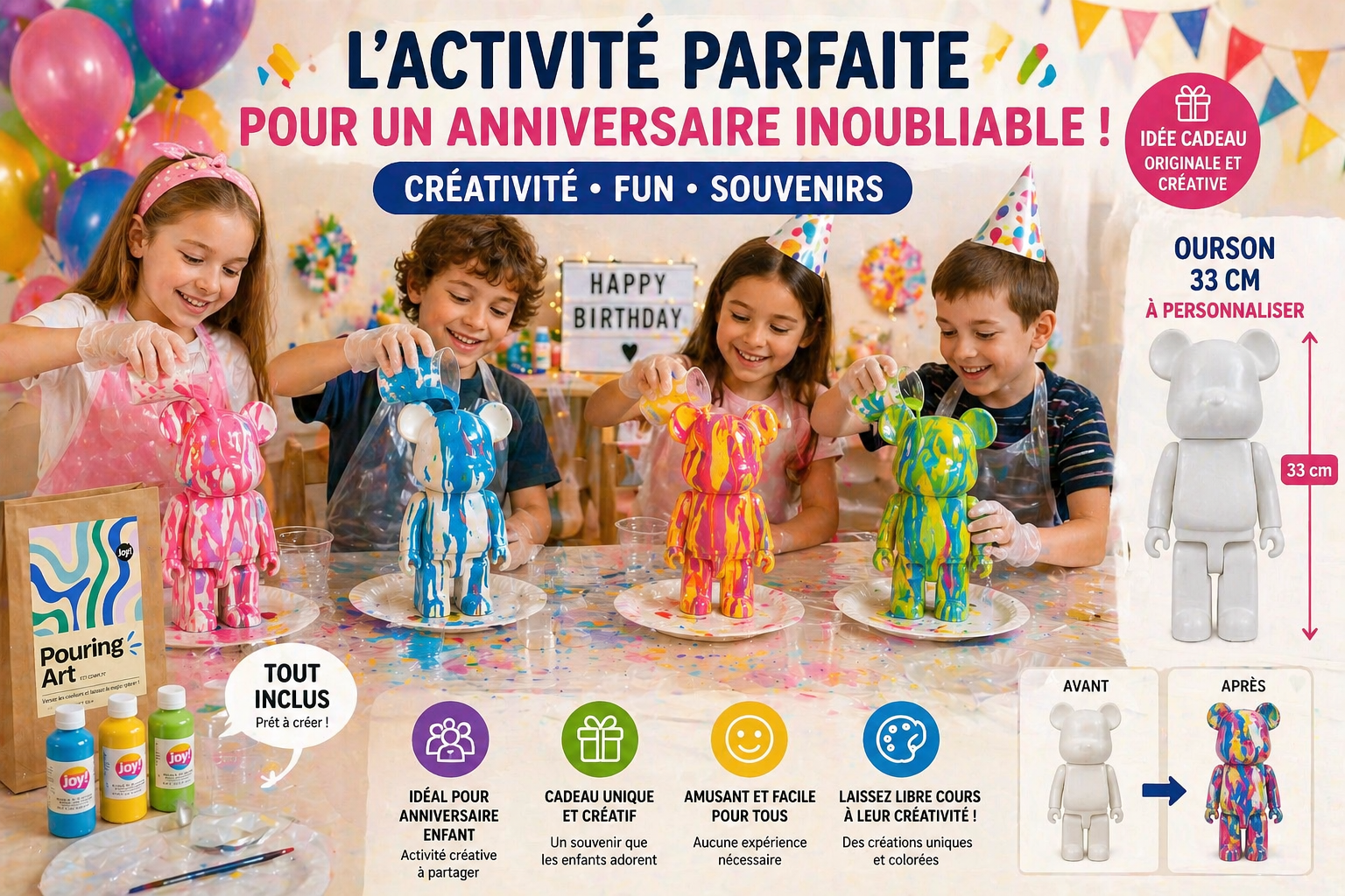Kit anniversaire DIY Pouring Art Ourson Lego – Lot de 4 à 12 figurines à peindre JOY!