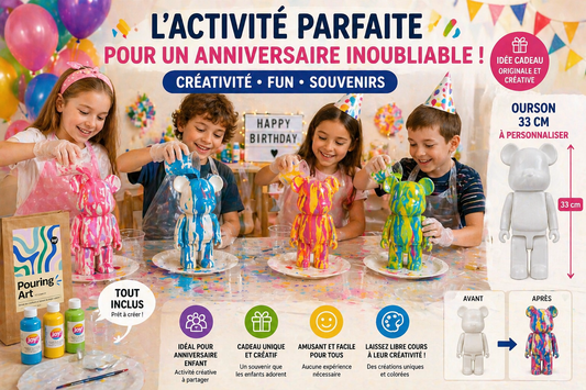 Kit anniversaire DIY Pouring Art Ourson Lego – Lot de 4 à 12 figurines à peindre JOY!