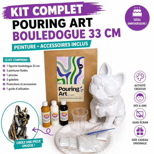 Kit Anniversaire DIY Pouring Art Bouledogue 33 cm – Figurine Géante à Peindre (Lot de 4 à 14) JOY!