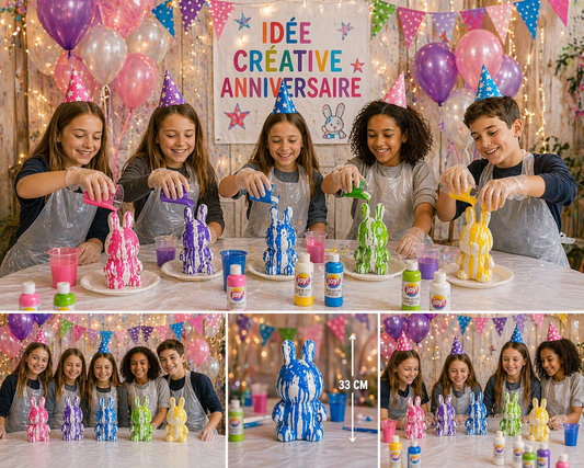 Kit Anniversaire Fluid Painting Lapin 33 cm – Figurine géante à personnaliser + 3 peintures JOY!