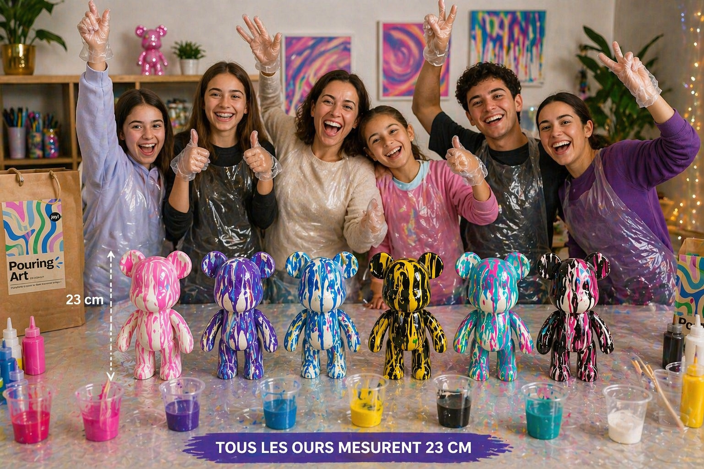 Kit Anniversaire Pouring Art Ours 23 cm – Activité Créative Anniversaire, EVJF, Atelier ou Baby Shower | 4 à 12 kits JOY!