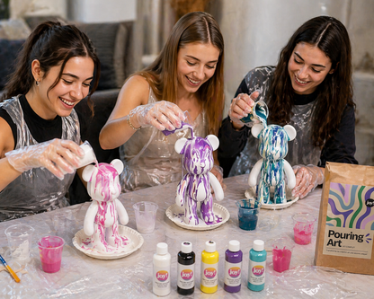 Kit Anniversaire Pouring Art Ours 23 cm – Activité Créative Anniversaire, EVJF, Atelier ou Baby Shower | 4 à 12 kits JOY!
