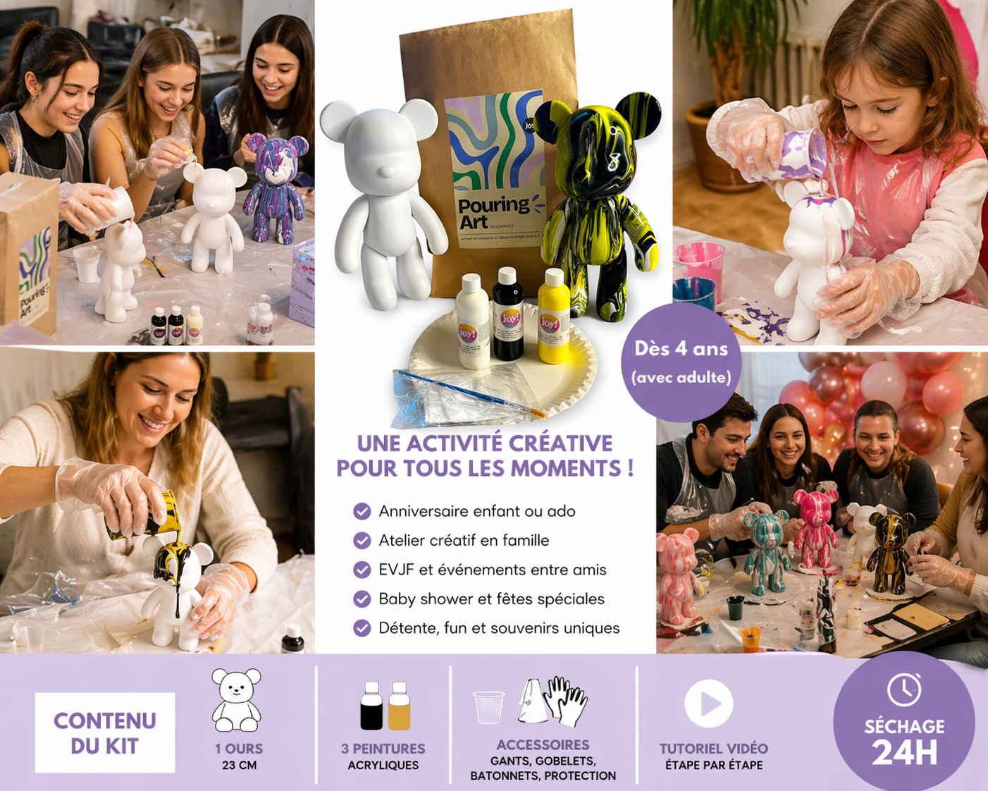 Kit Anniversaire Pouring Art Ours 23 cm – Activité Créative Anniversaire, EVJF, Atelier ou Baby Shower | 4 à 12 kits JOY!