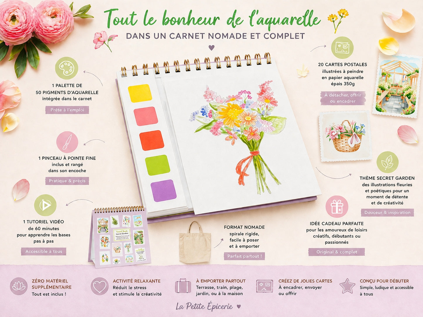 Travel Book Secret Garden – Carnet aquarelle nomade avec 20 cartes postales à peindre LA PETITE EPICERIE