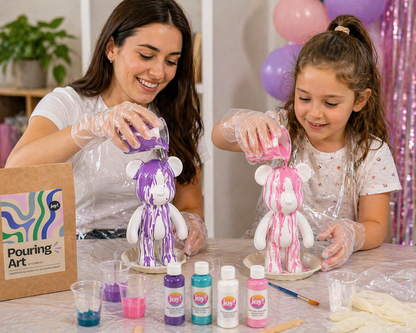 Kit Anniversaire Pouring Art Ours 23 cm – Activité Créative Anniversaire, EVJF, Atelier ou Baby Shower | 4 à 12 kits JOY!