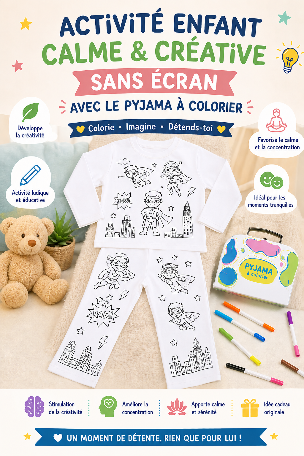 Pyjama à colorier Super Héros – Garçon | Coffret créatif JOY! avec feutres lavables JOY!