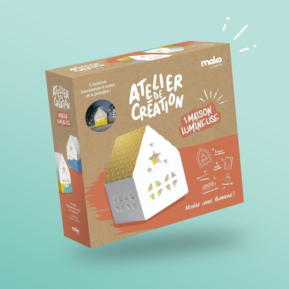Coffret Atelier Maison Lumineuse Mako Créations avec moule silicone, peintures et bougie LED