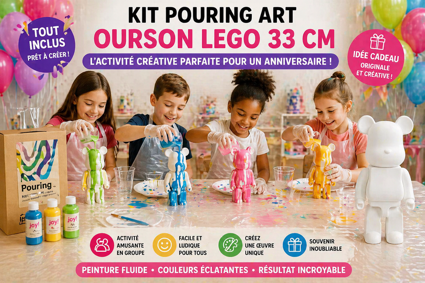 Kit anniversaire DIY Pouring Art Ourson Lego – Lot de 4 à 12 figurines à peindre JOY!
