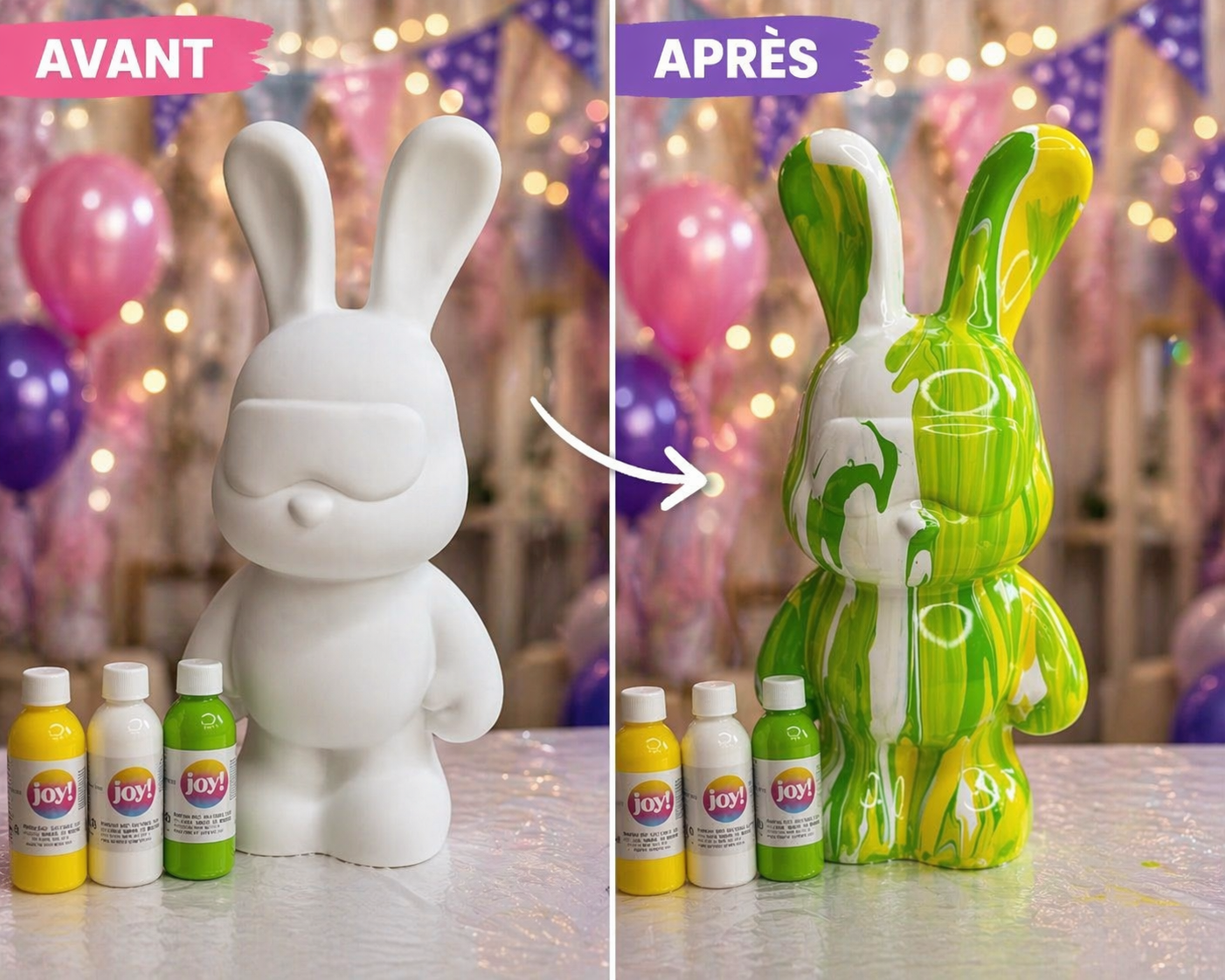 Kit Anniversaire Fluid Painting Lapin 33 cm – Figurine géante à personnaliser + 3 peintures JOY!