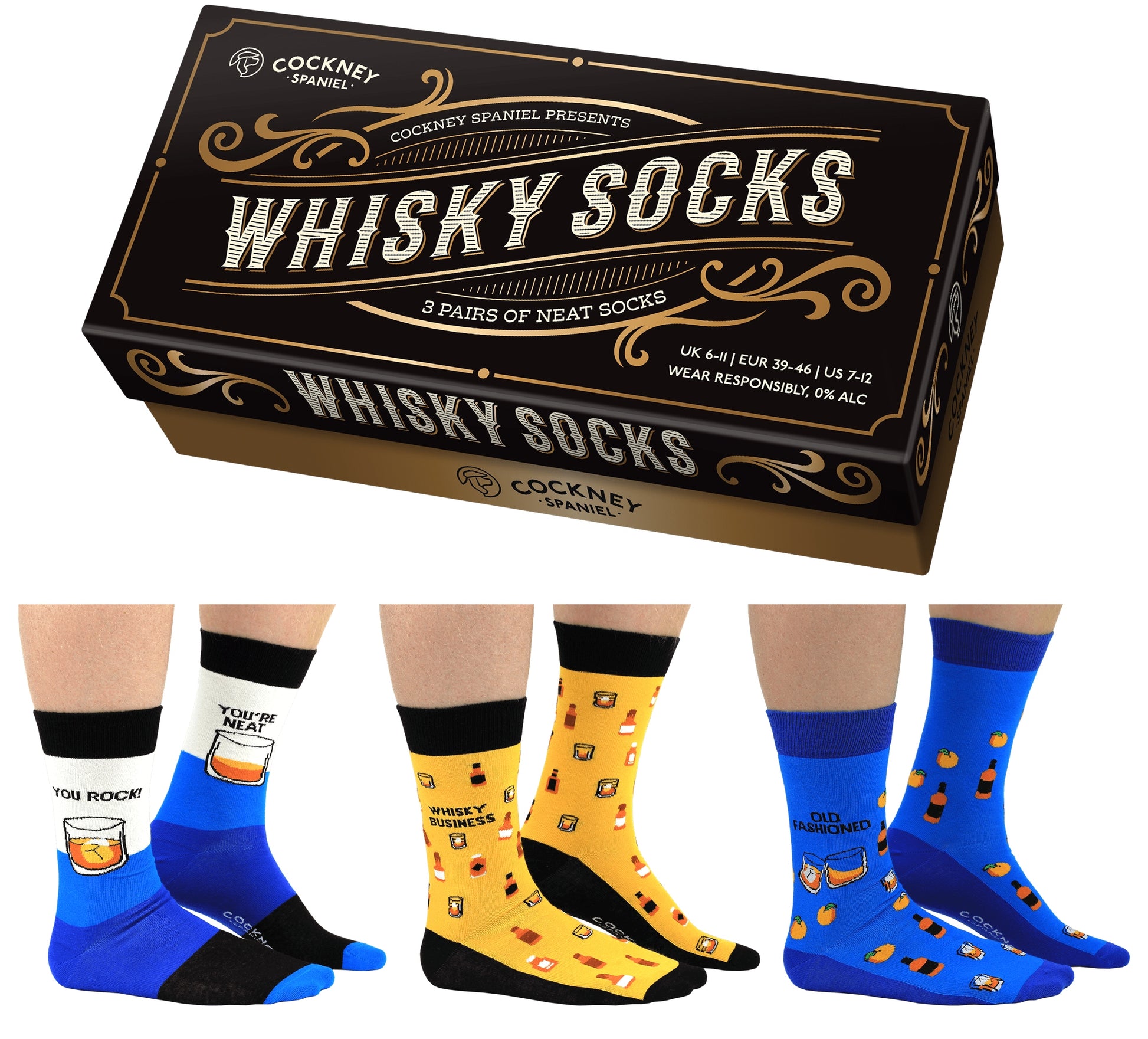 COFFRET CADEAU WHISKY CHAUSSETTES - 3 PAIRES DE CHAUSSETTES COCKNEY SPANIEL EUR 39-46 cockney spaniel