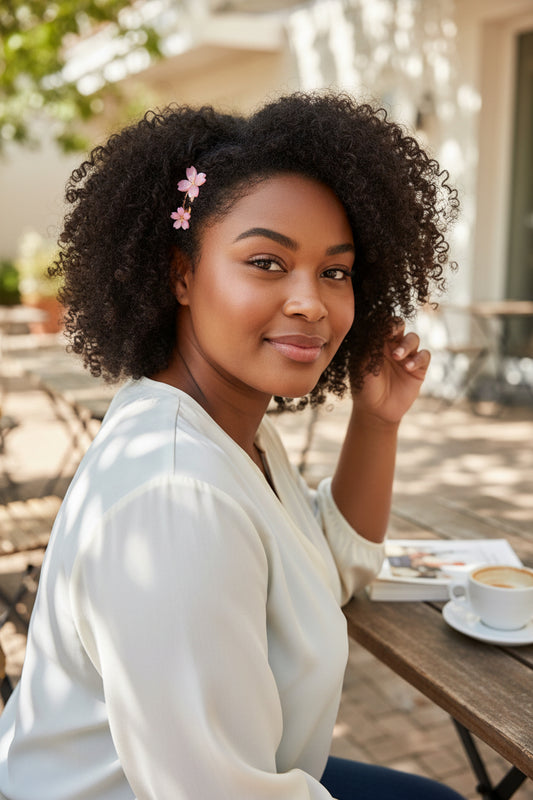 Barrette fleurie Sakura Rose portée sur cheveux enfant ou adulte