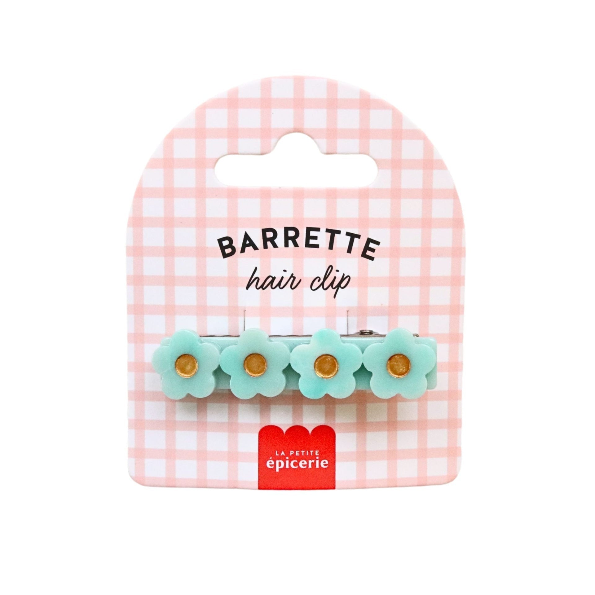 Barrette cheveux Fleur Mint en acétate de cellulose couleur menthe avec cœurs argentés
