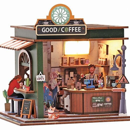 Maquette 3D Bois Vitrine Coffee Shop – Café Miniature Lumineux DIY GRAINE CREATIVE