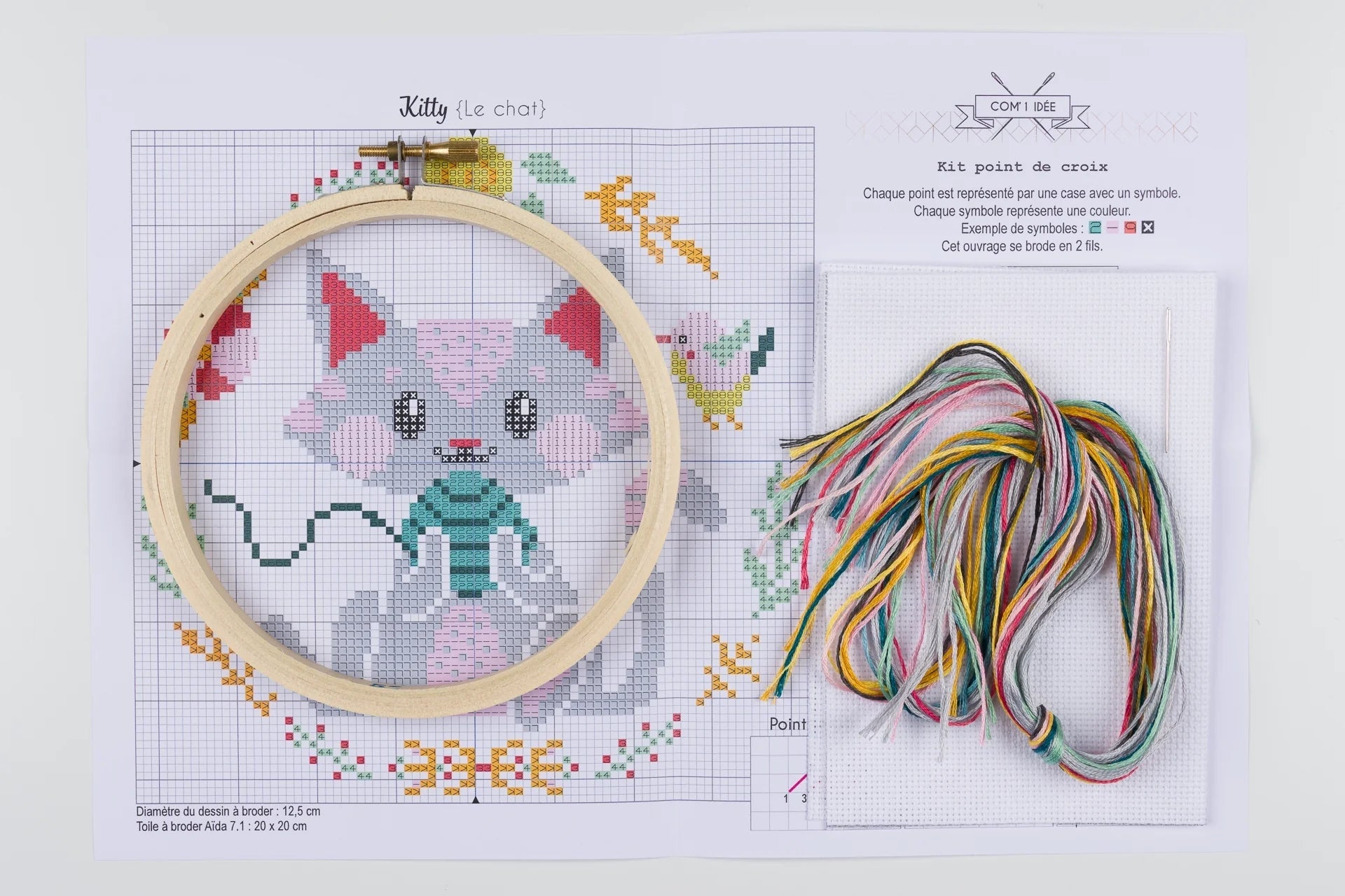 Kit Point de Croix “Kitty” – Kit Broderie Débutant avec Tambour Bois Com'1 Idée