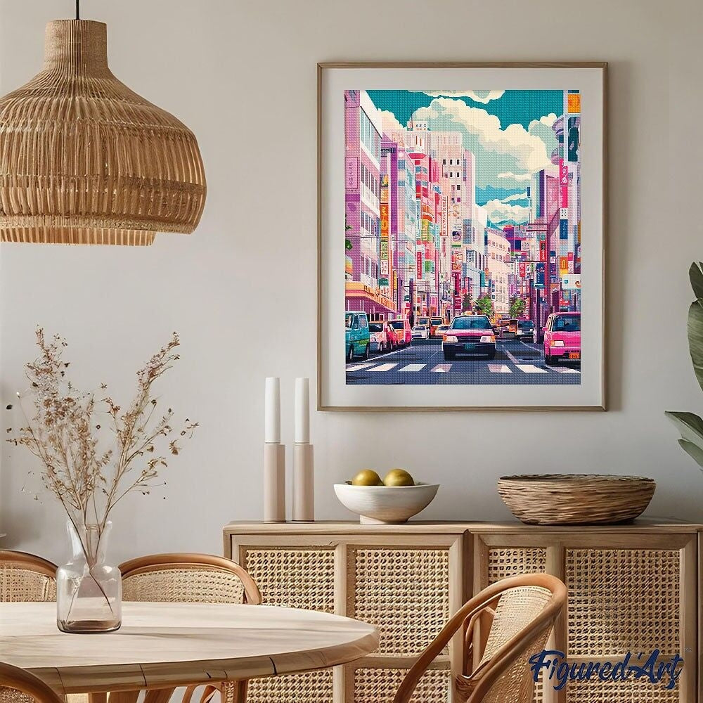 Broderie Diamant Rue Animée du Japon 40 × 50 cm – Kit complet sur châssis Figured'art