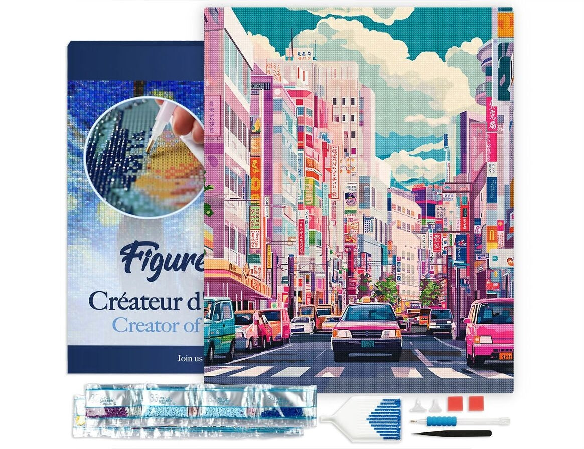 Broderie Diamant Rue Animée du Japon 40 × 50 cm – Kit complet sur châssis Figured'art