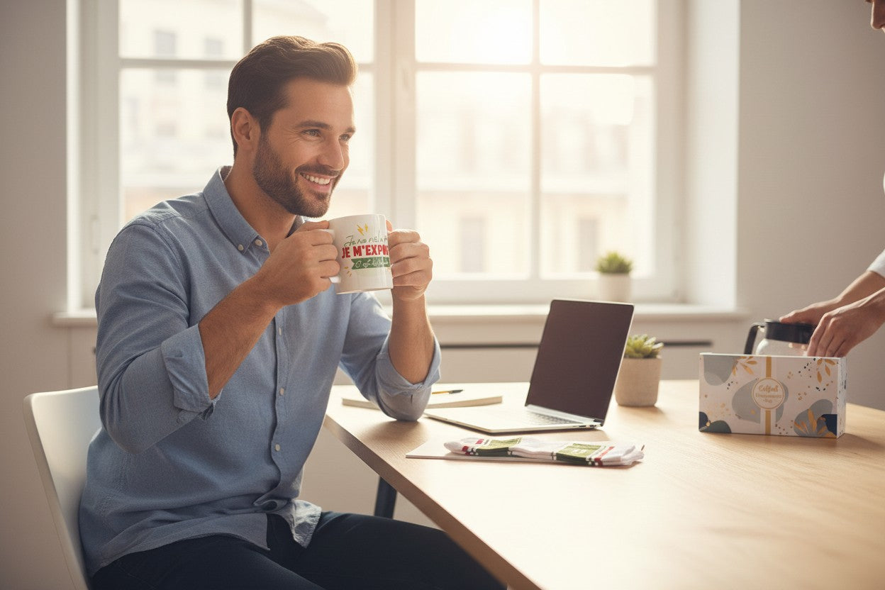 Coffret Cadeau Râleur Homme – Mug “Je ne râle pas” & Chaussettes “Casse Pied” JOY!