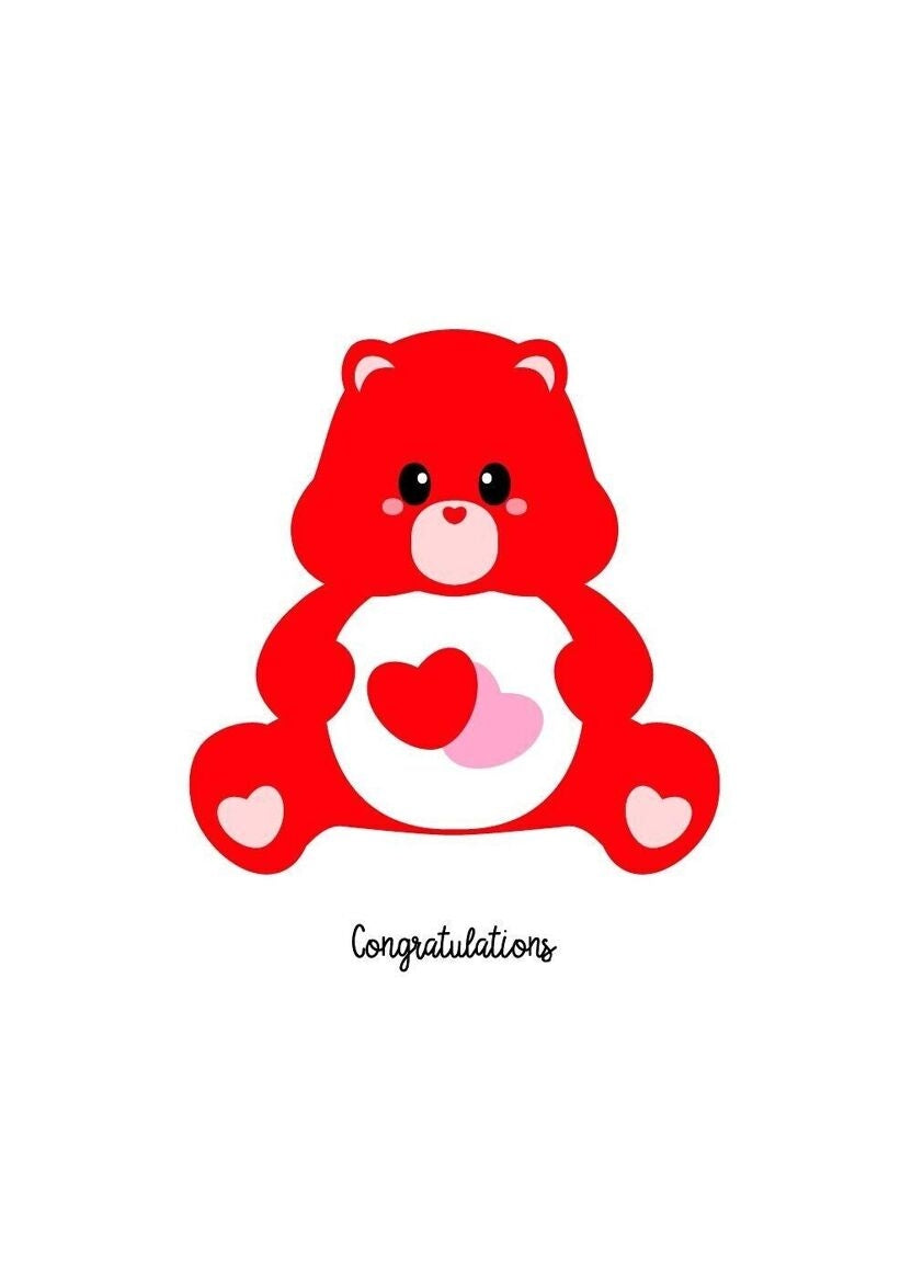 Carte postale Care Bears amour félicitations avec Bisounours rouge kawaii.