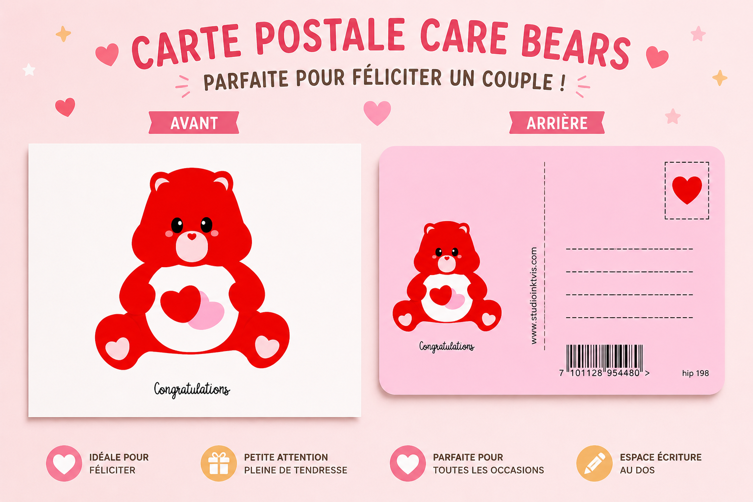 Carte kawaii avec ours rouge symbolisant amour et félicitations.