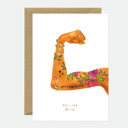 Carte de vœux You’re the Best Woman avec illustration de bras tatoué et détails dorés