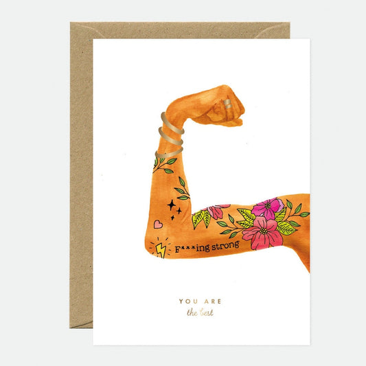 Carte de vœux You’re the Best Woman avec illustration de bras tatoué et détails dorés