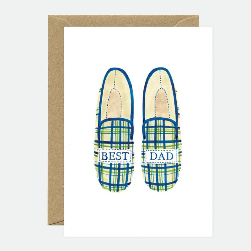 Carte Best Dad Shoes illustrée d’une paire de chaussons à carreaux portant l’inscription Best Dad