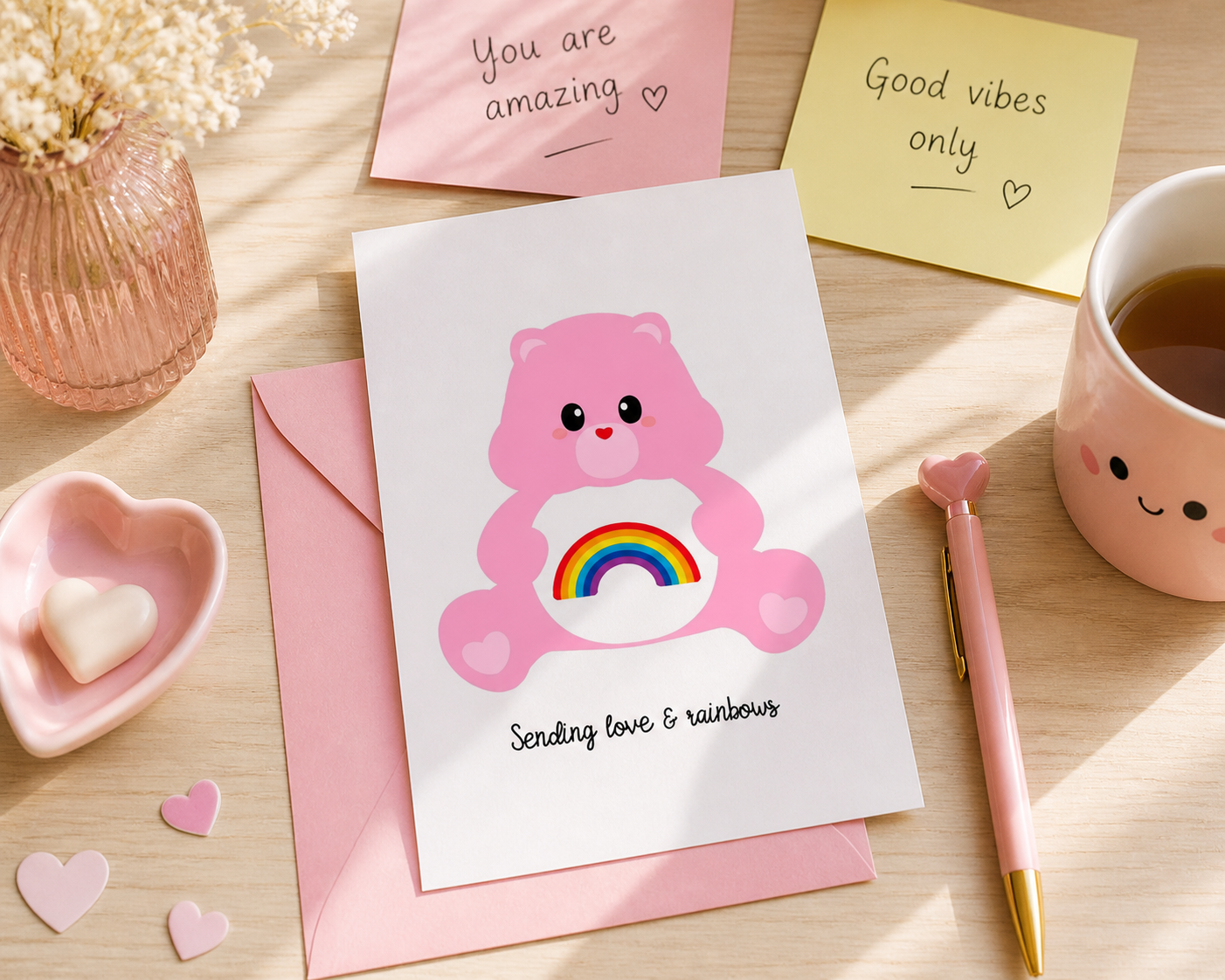 Carte postale Care Bears Amour & Arc-en-ciel – Bisounours Love & Rainbow A6 studio inktvis