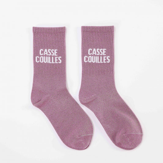 Chaussettes CASSE COUILLE Mauve à Paillettes – Message Fun (36-42) JOY!