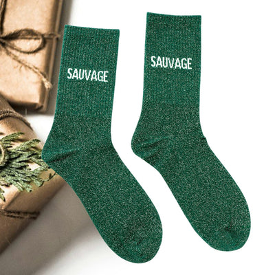 Chaussettes SAUVAGE à Paillettes – Message Audacieux & Tendance (36-42) JOY!