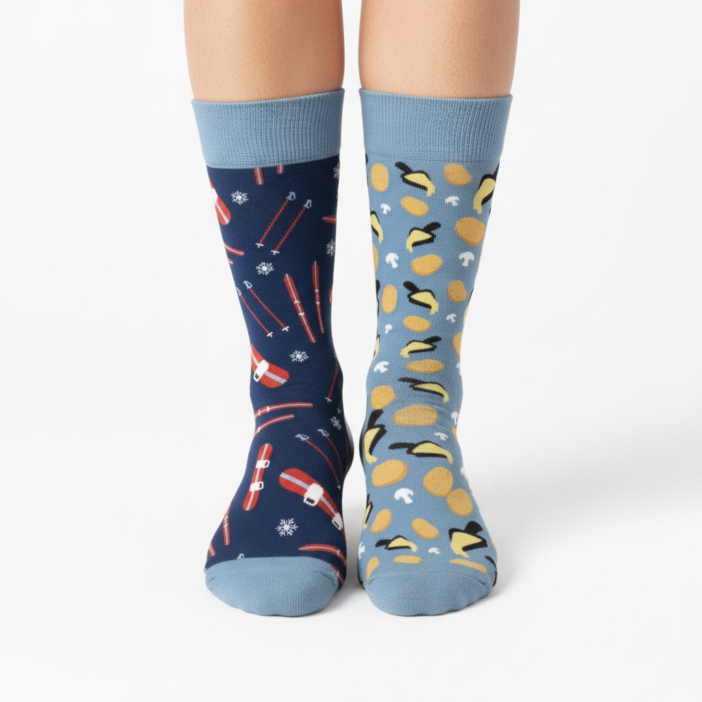 Chaussettes Humoristiques “Ski / Raclette” – Duo Montagne Fun (Taille Unique) JOY!