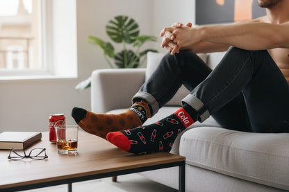 Chaussettes fantaisie Whisky Cola portées look décontracté adulte