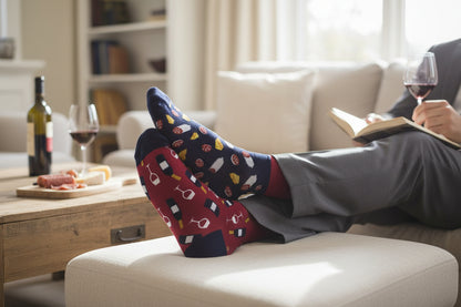 Chaussettes apéro humoristiques Pinard Sauciflard portées look décontracté
