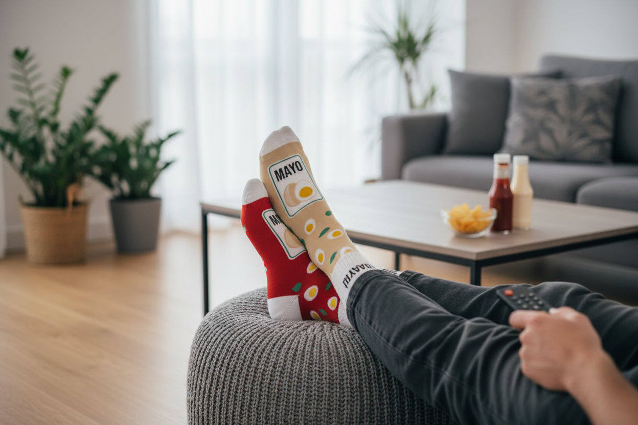 Chaussettes fantaisie Ketchup Mayo portées look casual adulte